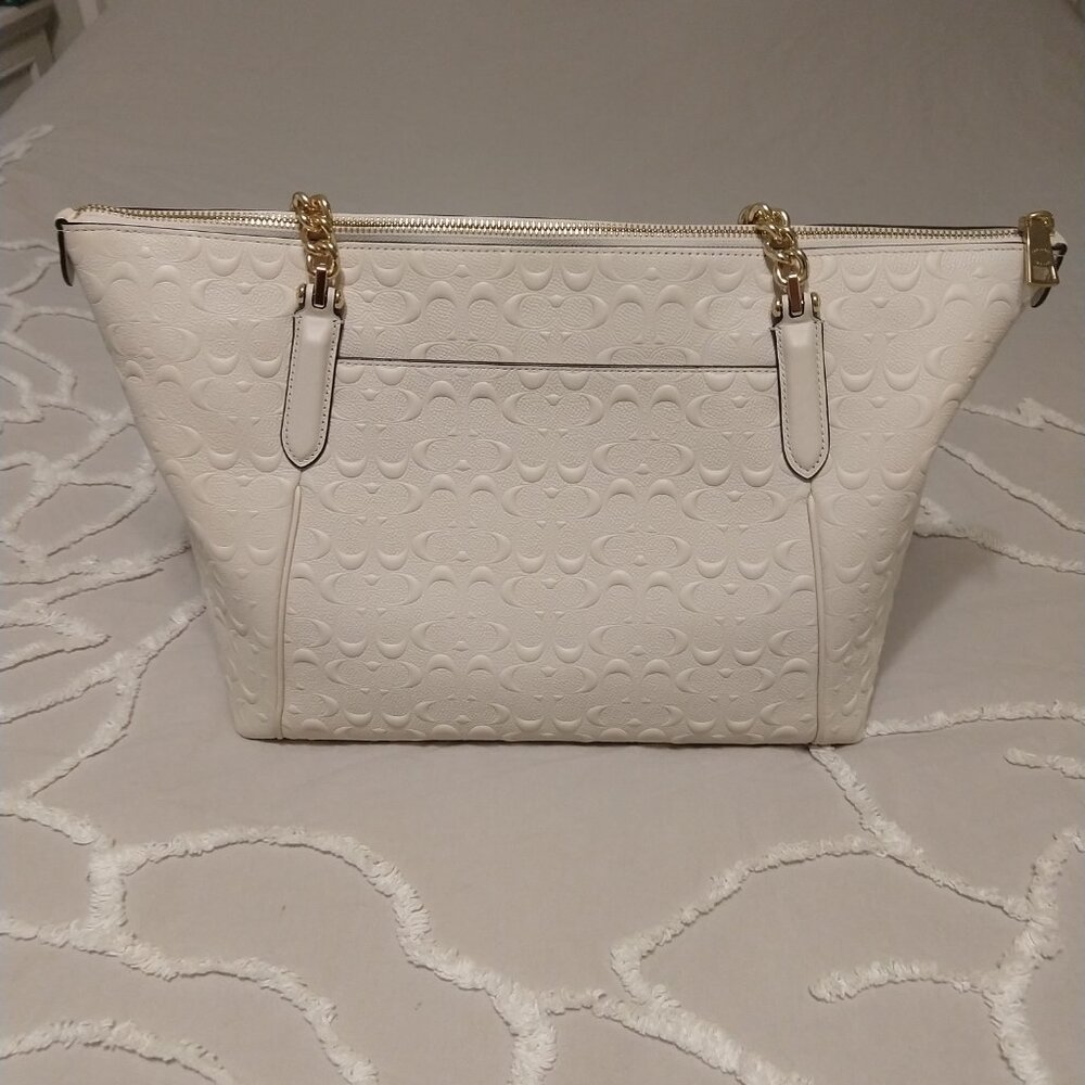 COACH Ava Chain Signature Leather Tote in Chalk, Debossed - Picture 2 of 16